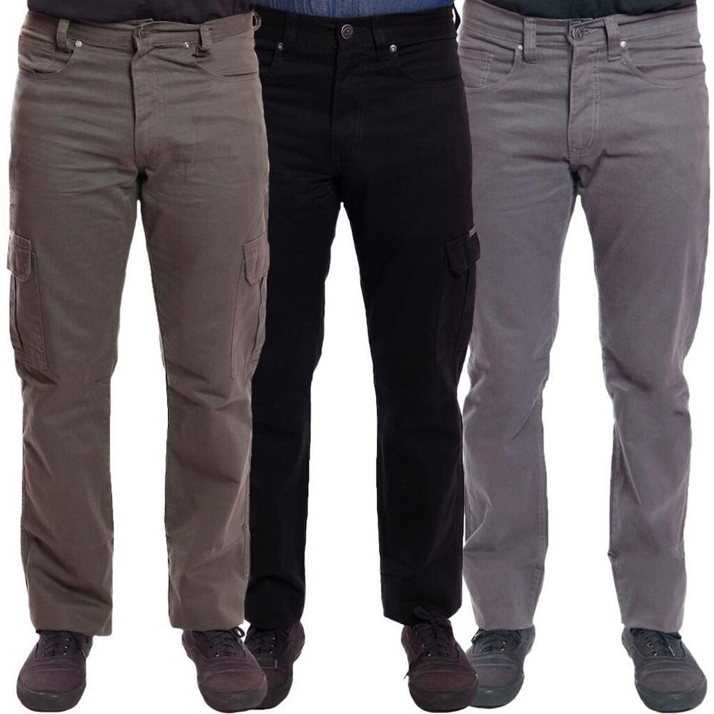 Kit 3 Calças Sarja e Jeans R7Jeans Masculina Modelo Tradicional e Cargo