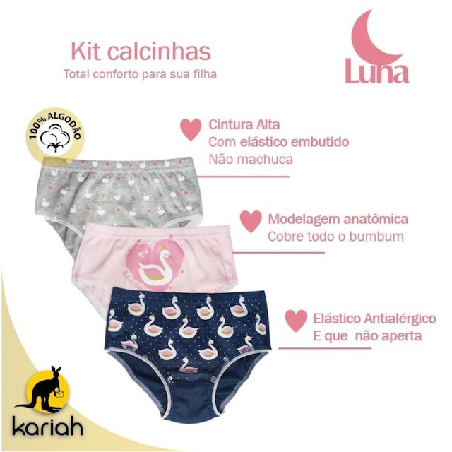 Kit 3 Calcinhas Infantil Malha Dupla Luna 381A