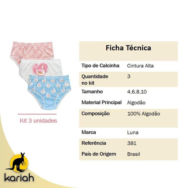 Kit 3 Calcinhas Infantil Malha Dupla Luna 381A
