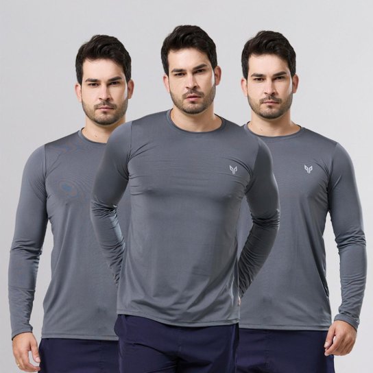 Kit 3 Camiseta Camisa Térmica Segunda Pele Manga Longa Proteção Solar UV 50+ Termica Masculina - Cinza Menor preço em Kit 3 Camiseta Camisa Térmica Segunda Pele Manga Longa Proteção Solar UV 50+ Termica Masculina - Cinza