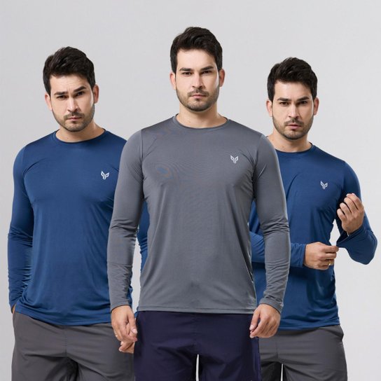 Kit 3 Camiseta Camisa Térmica Segunda Pele Manga Longa Proteção Solar UV 50+ Termica Masculina - Marinho+Chumbo Menor preço em Kit 3 Camiseta Camisa Térmica Segunda Pele Manga Longa Proteção Solar UV 50+ Termica Masculina - Marinho+Chumbo