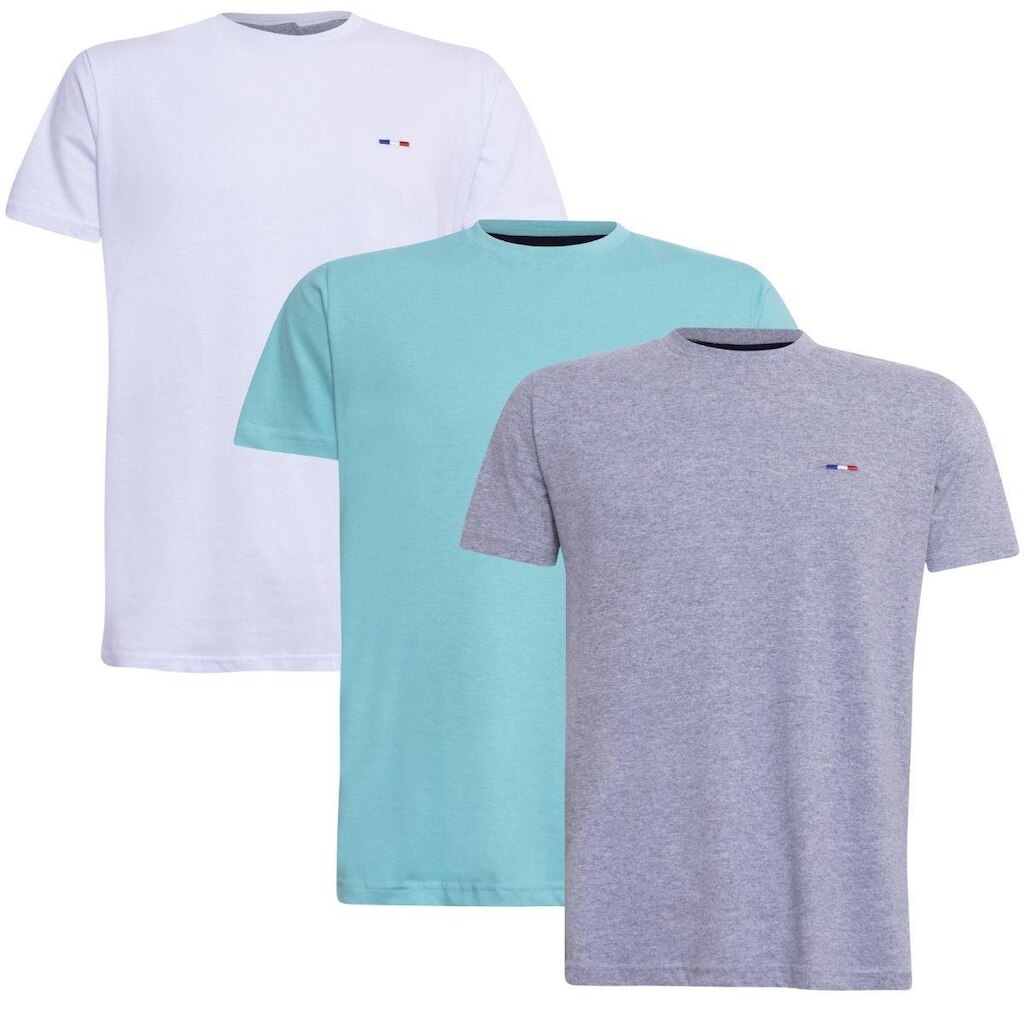 Kit 3 Camisetas Básicas Algodão Premium no Estilo Clássico Bordado França Branco Bebê Cinza