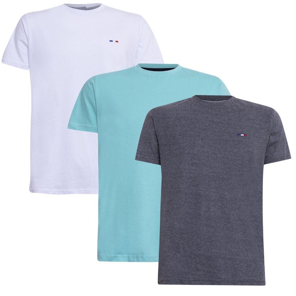 Kit 3 Camisetas Básicas Masculina Algodão Premium no  Clássico Bordado França Branco Bebê Chumbo