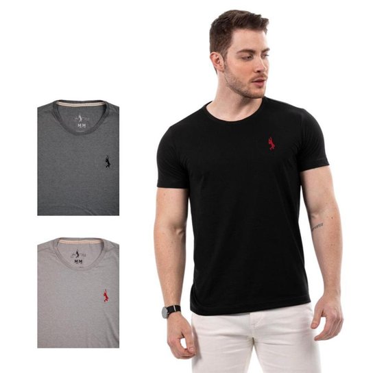 Kit 3 Camisetas Básicas Masculina John Pull Algodão Conforto - Preto+Cinza Menor preço em Kit 3 Camisetas Básicas Masculina John Pull Algodão Conforto - Preto+Cinza
