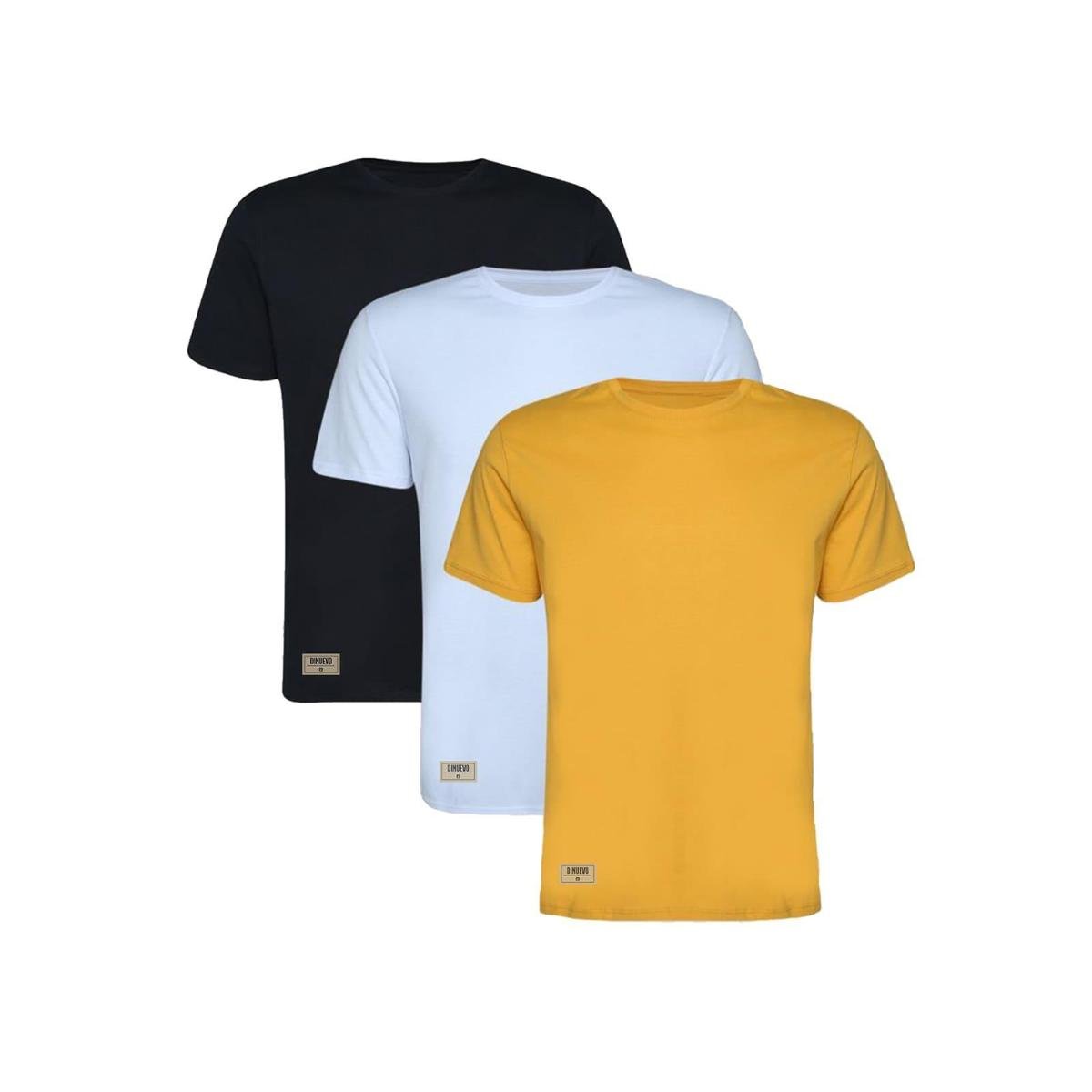 Kit 3 Camisetas Basicas Preto, Branco e Amarelo Masculina 100% Algodão ...