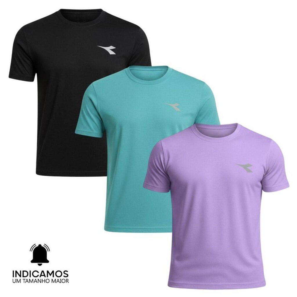 Kit 3 Camisetas Diadora Small Logo Masculina - Azul Turquesa e Lilás GG