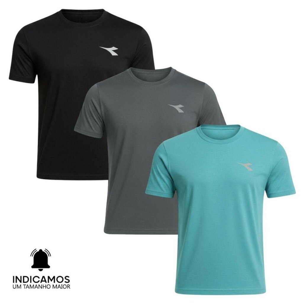 Kit 3 Camisetas Diadora Small Logo Masculina - Azul Turquesa e Preto XGG