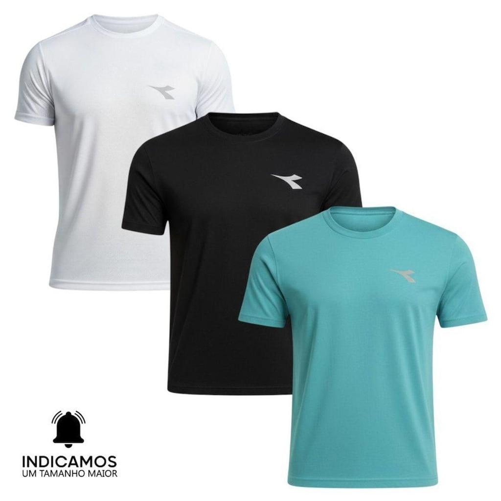 Kit 3 Camisetas Diadora Small Logo Masculina - Branco e Azul Turquesa XGG