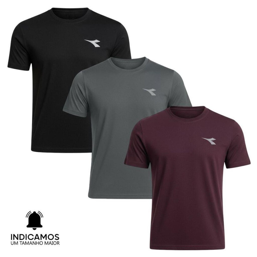 Kit 3 Camisetas Diadora Small Logo Masculina - Preto e Bordô G