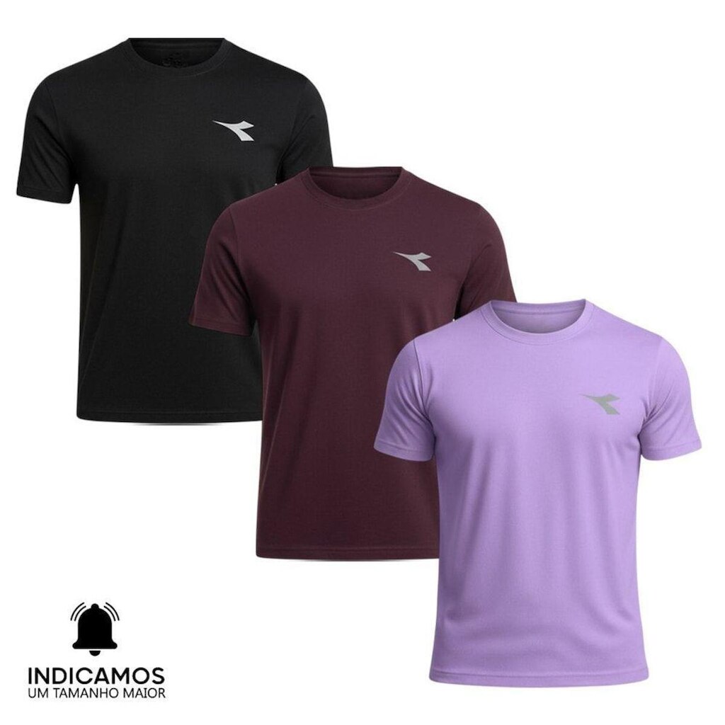 Kit 3 Camisetas Diadora Small Logo Masculina - Preto e Lilás XGG