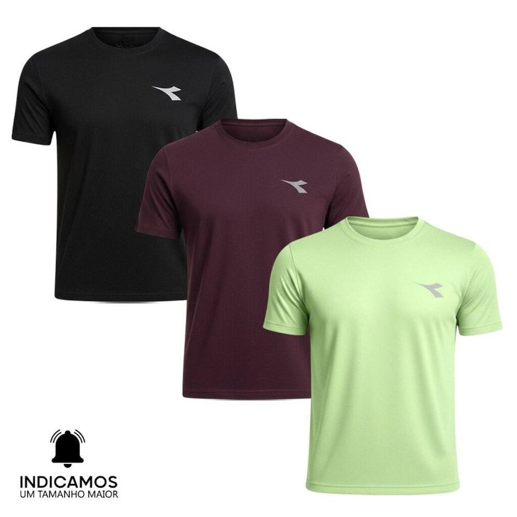 Kit 3 Camisetas Diadora Small Logo Masculina - Preto e Verde Claro M
