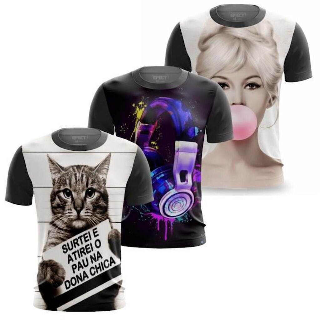 Kit 3 Camisetas Estampada 3D Chiclete Fone DJ Camisa de Gato PET
