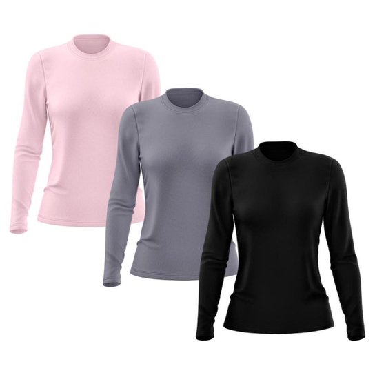 Kit 3 Camisetas Feminina Manga Longa Segunda Pele Térmica Proteção Solar UV 50 - Preto+Cinza Menor preço em Kit 3 Camisetas Feminina Manga Longa Segunda Pele Térmica Proteção Solar UV 50 - Preto+Cinza