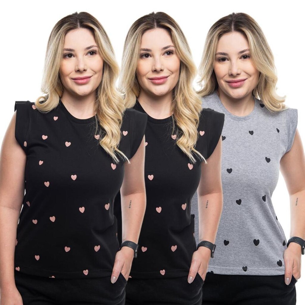 Kit 3 Camisetas Feminina Muscle Tee Manga Curta Estampada Coração Poa