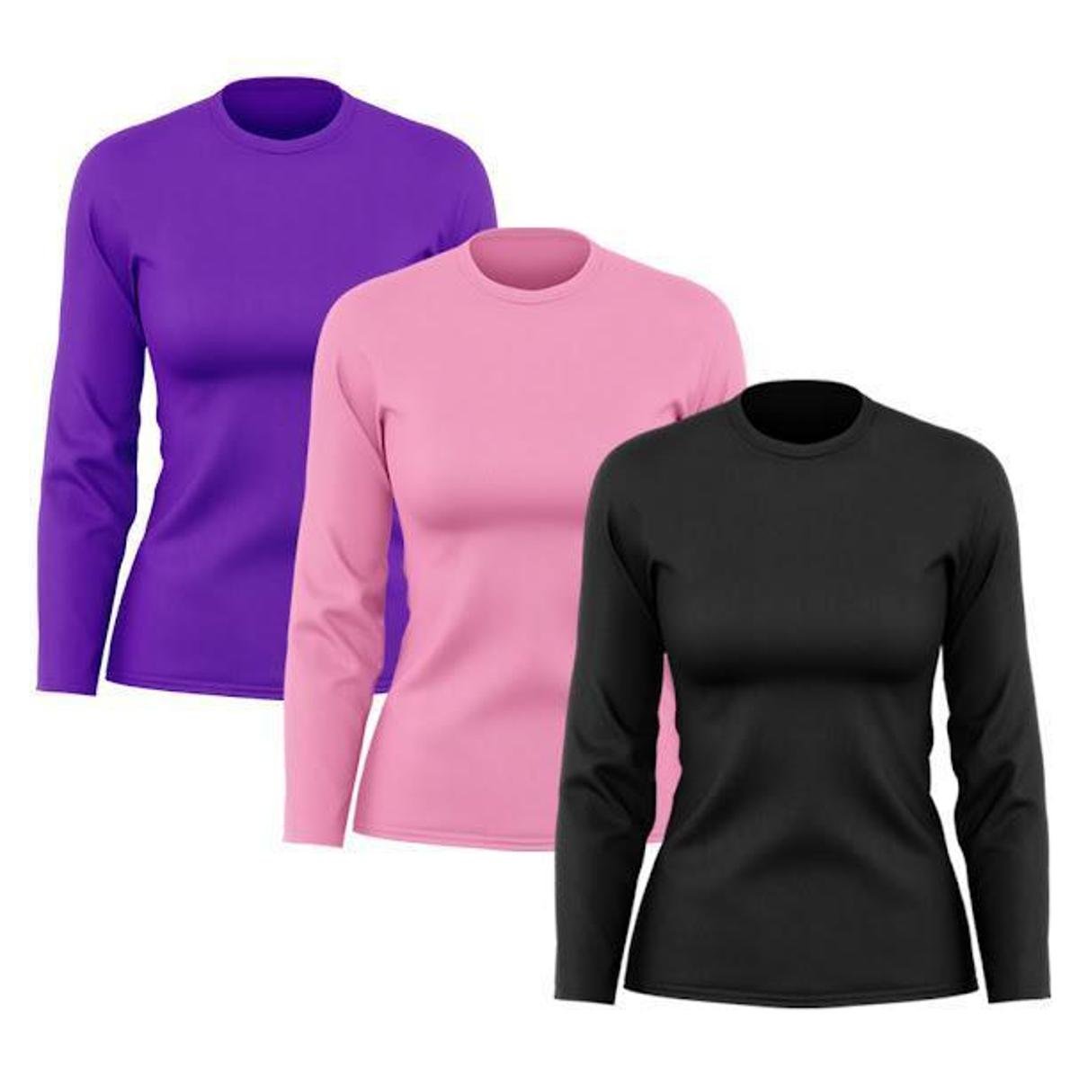 Kit 3 Camisetas Femininas Manga Longa Dry Proteção UV