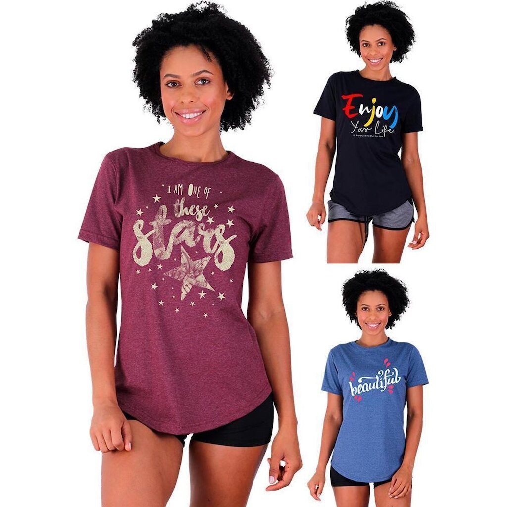 Kit 3 Camisetas Longline Feminina MXD Conceito Slim Diversas Estampas