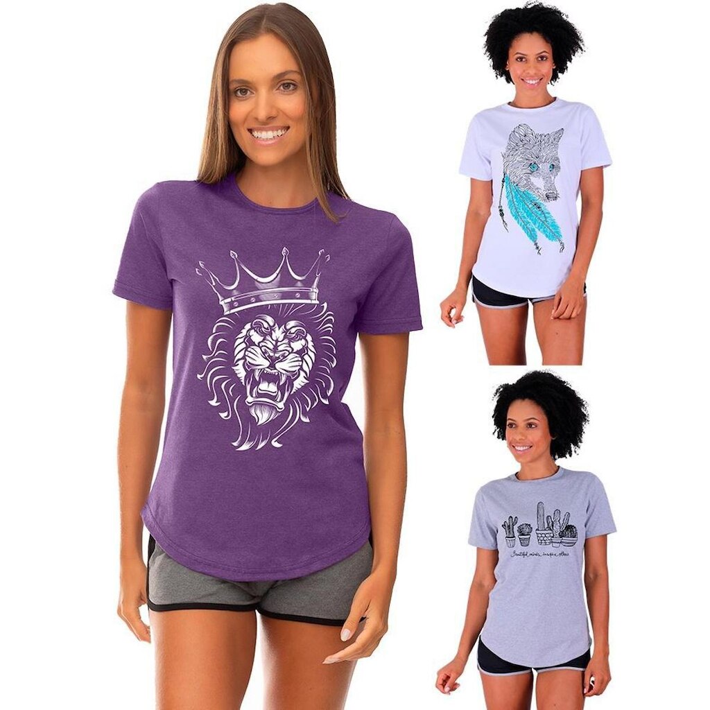 Kit 3 Camisetas Longline Feminina MXD Conceito Slim Diversas Estampas