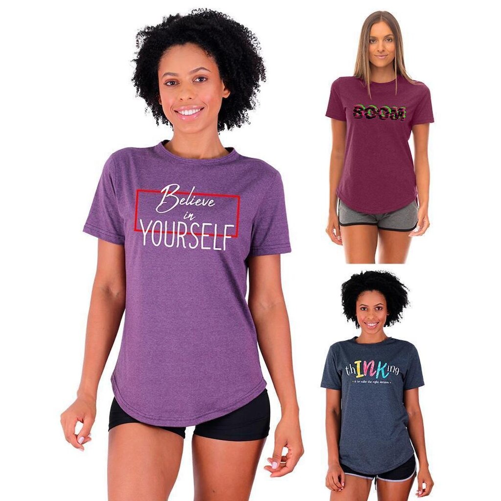 Kit 3 Camisetas Longline Feminina MXD Conceito Slim Diversas Estampas