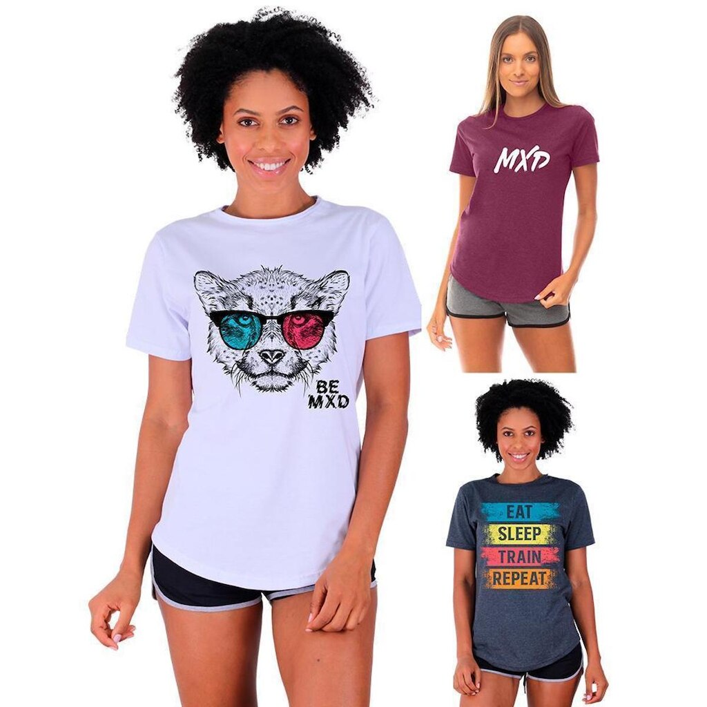 Kit 3 Camisetas Longline Feminina MXD Conceito Slim Diversas Estampas