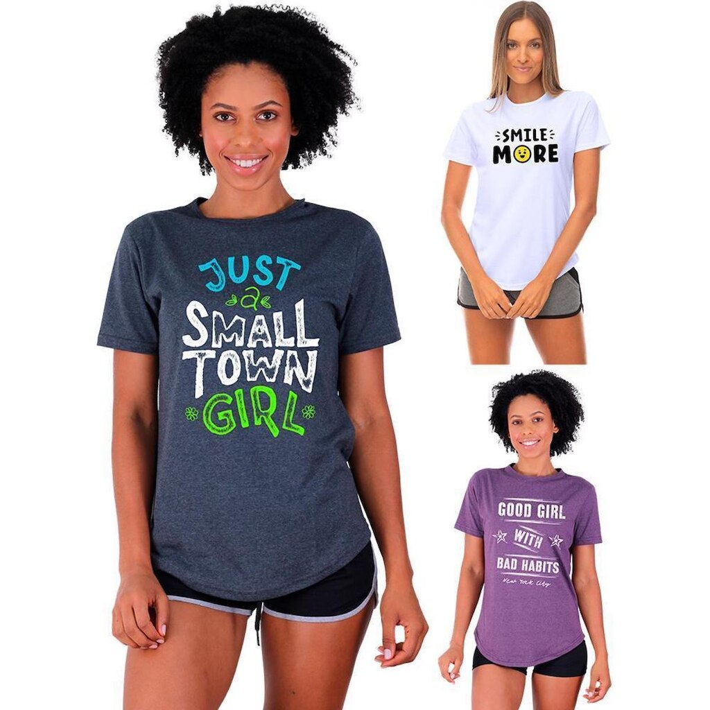 Kit 3 Camisetas Longline Feminina MXD Conceito Slim Diversas Estampas