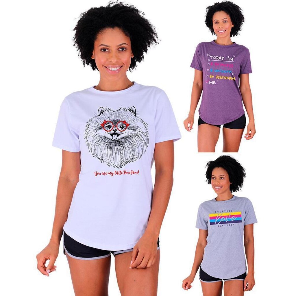 Kit 3 Camisetas Longline Feminina MXD Conceito Slim Diversas Estampas