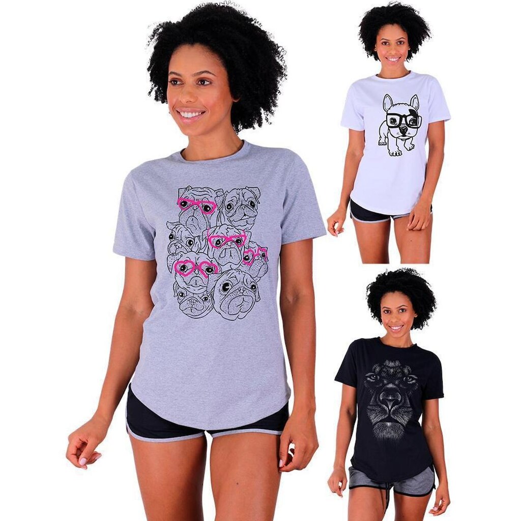 Kit 3 Camisetas Longline Feminina MXD Conceito Slim Diversas Estampas