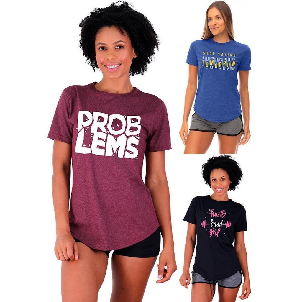 Kit 3 Camisetas Longline Feminina MXD Conceito Slim Diversas Estampas