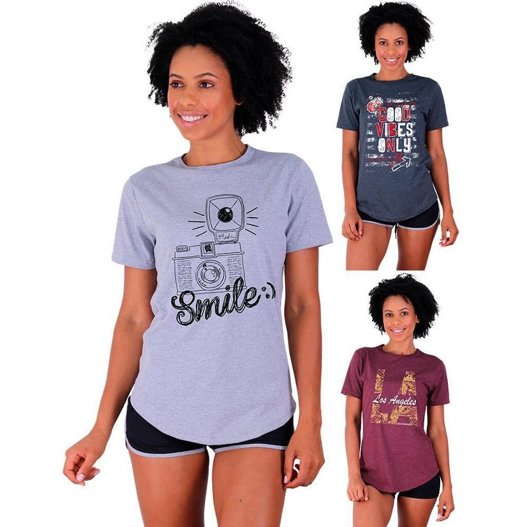 Kit 3 Camisetas Longline Feminina MXD Conceito Slim Diversas Estampas