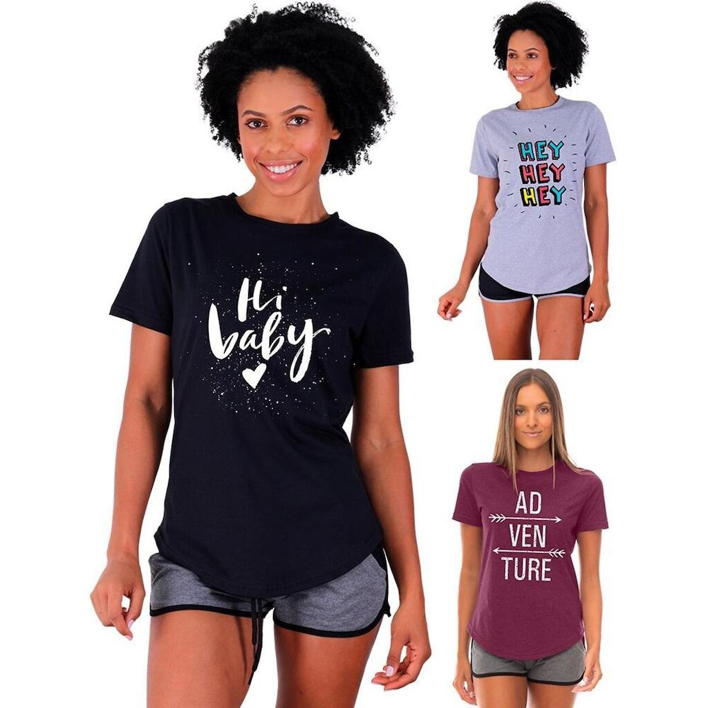 Kit 3 Camisetas Longline Feminina MXD Conceito Slim Diversas Estampas