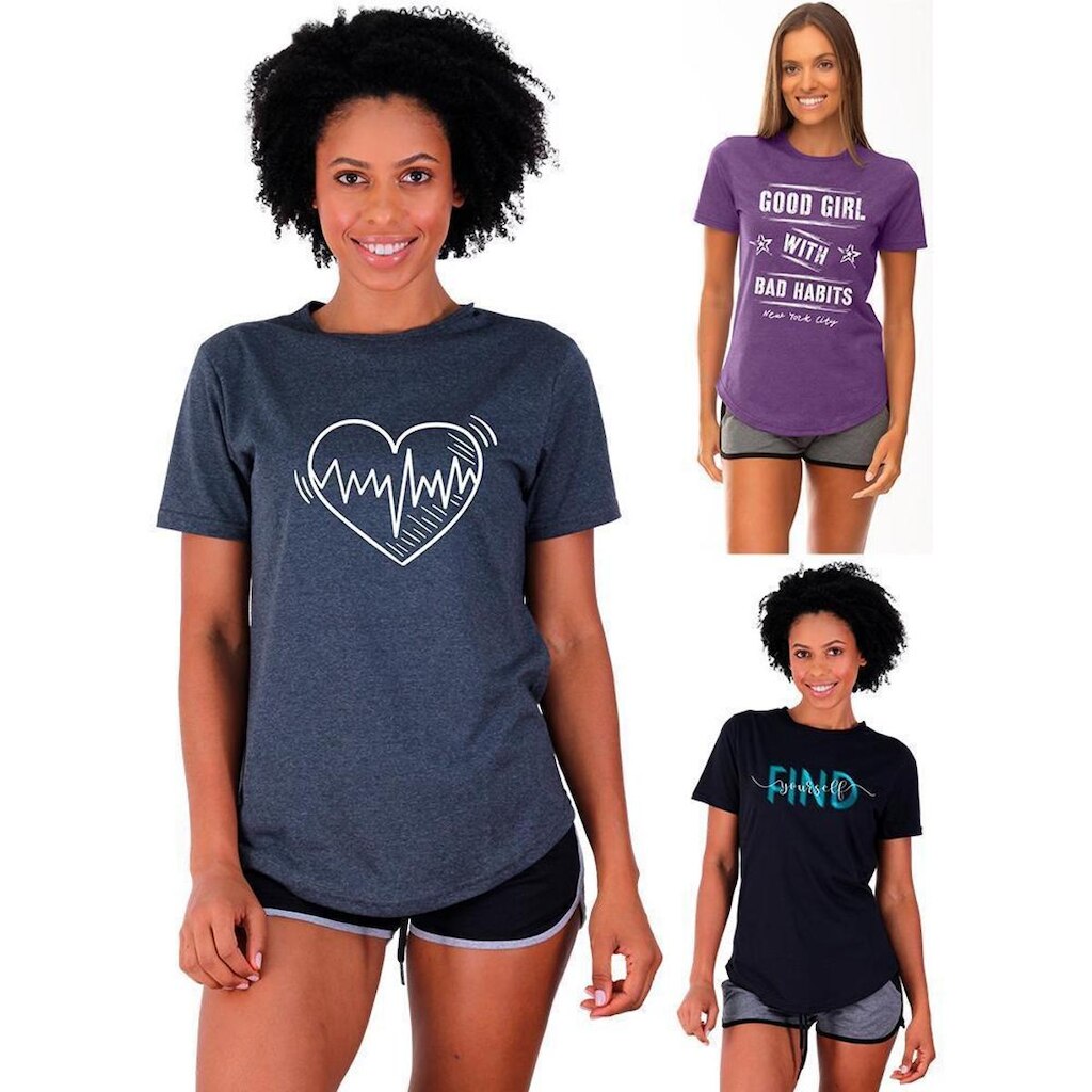 Kit 3 Camisetas Longline Feminina MXD Conceito Slim Diversas Estampas