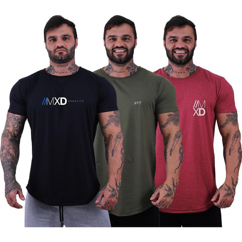 Kit 3 Camisetas Longline Masculina Básico Logos Diversas MXD