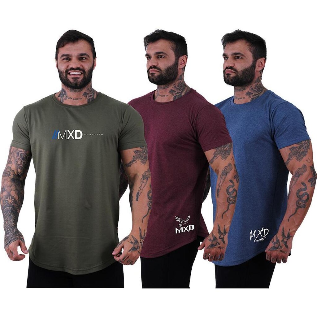 Kit 3 Camisetas Longline Masculina Básico Logos Diversas MXD
