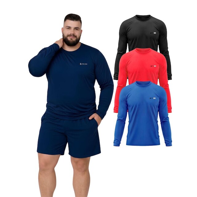 Kit 3 Camisetas Manga Longa Com Proteção UV FPS50 Plus Size