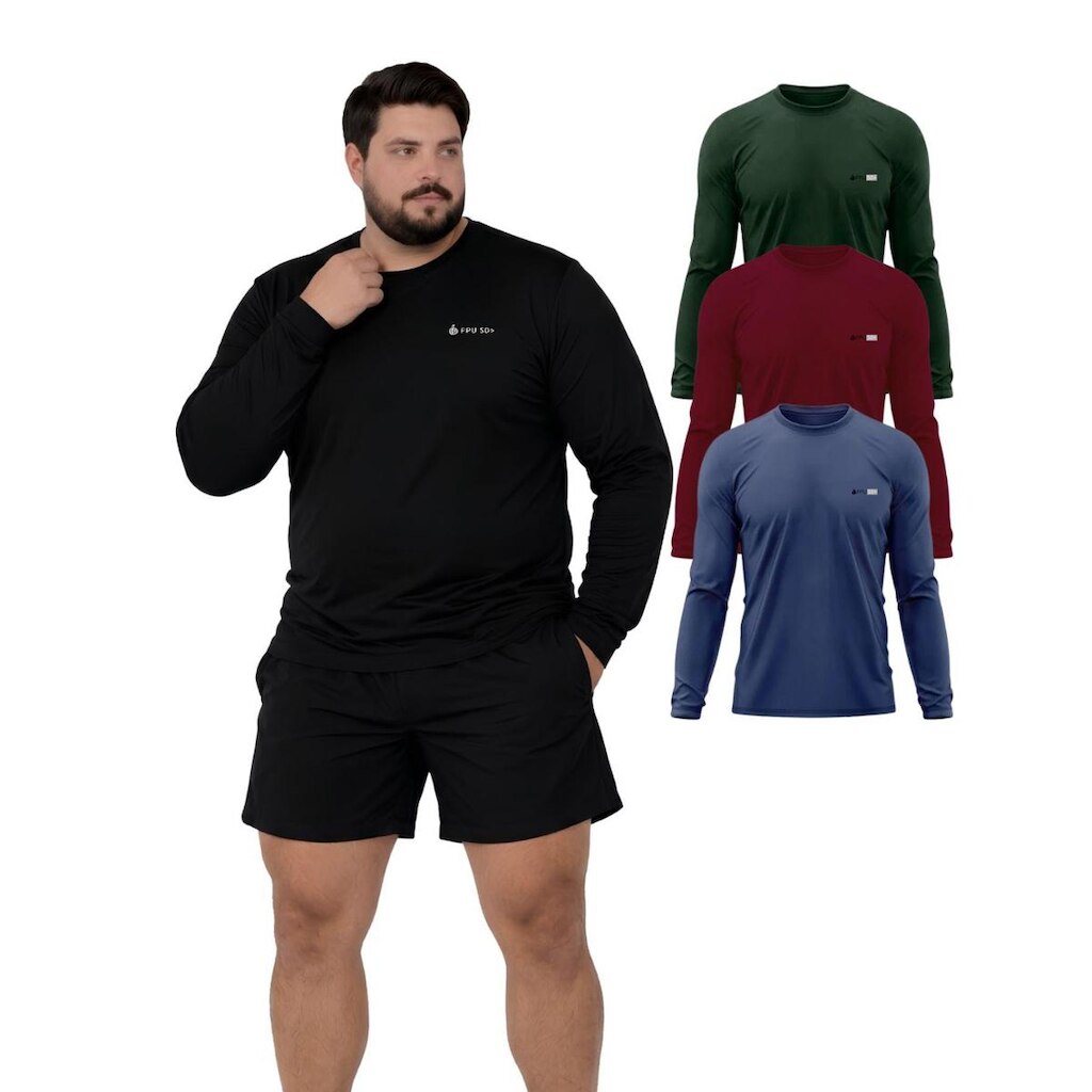 Kit 3 Camisetas Manga Longa Com Proteção UV FPS50 Plus Size