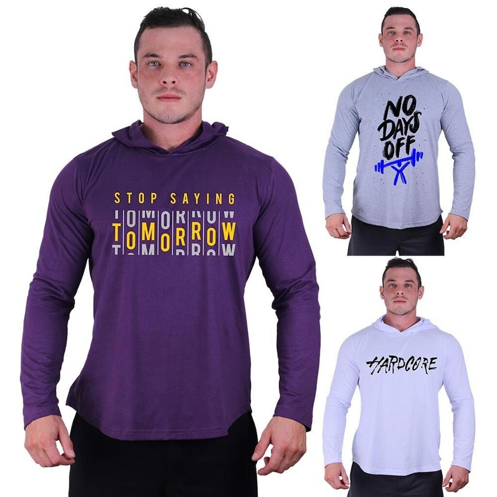 Kit 3 Camisetas Manga Longa com Touca Longline Estampada Treino Academia Lazer Casual