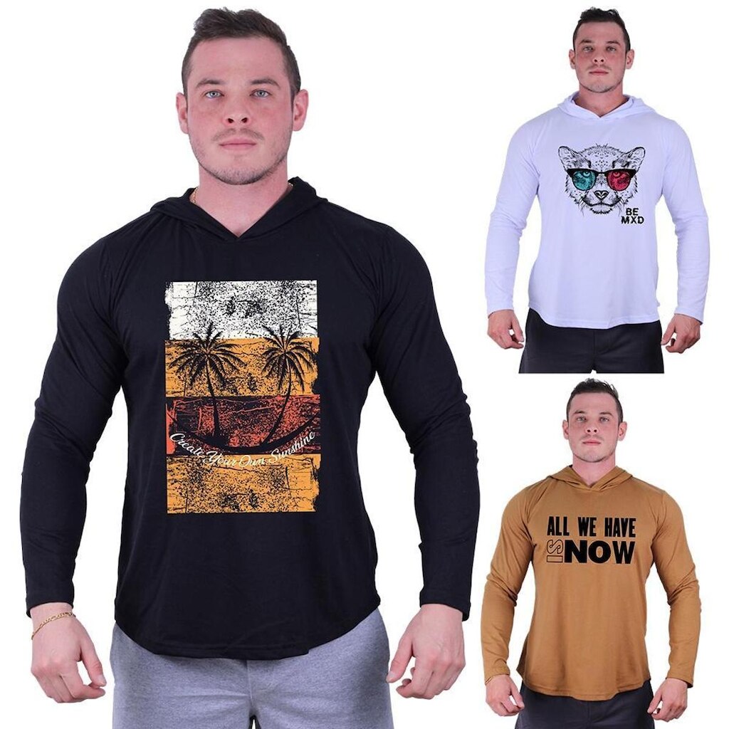 Kit 3 Camisetas Manga Longa com Touca Longline Estampada Treino Academia Lazer Casual