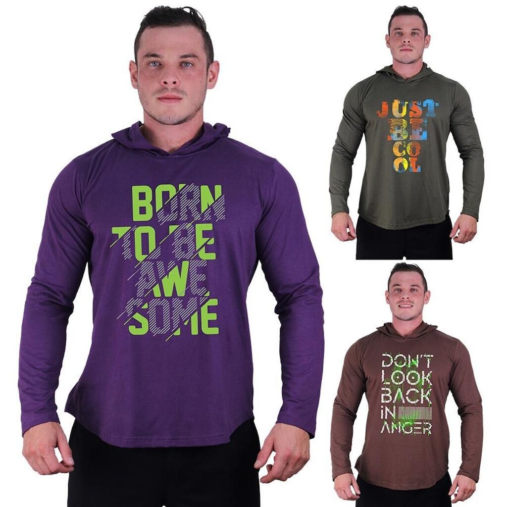 Kit 3 Camisetas Manga Longa com Touca Longline Estampada Treino Academia Lazer Casual