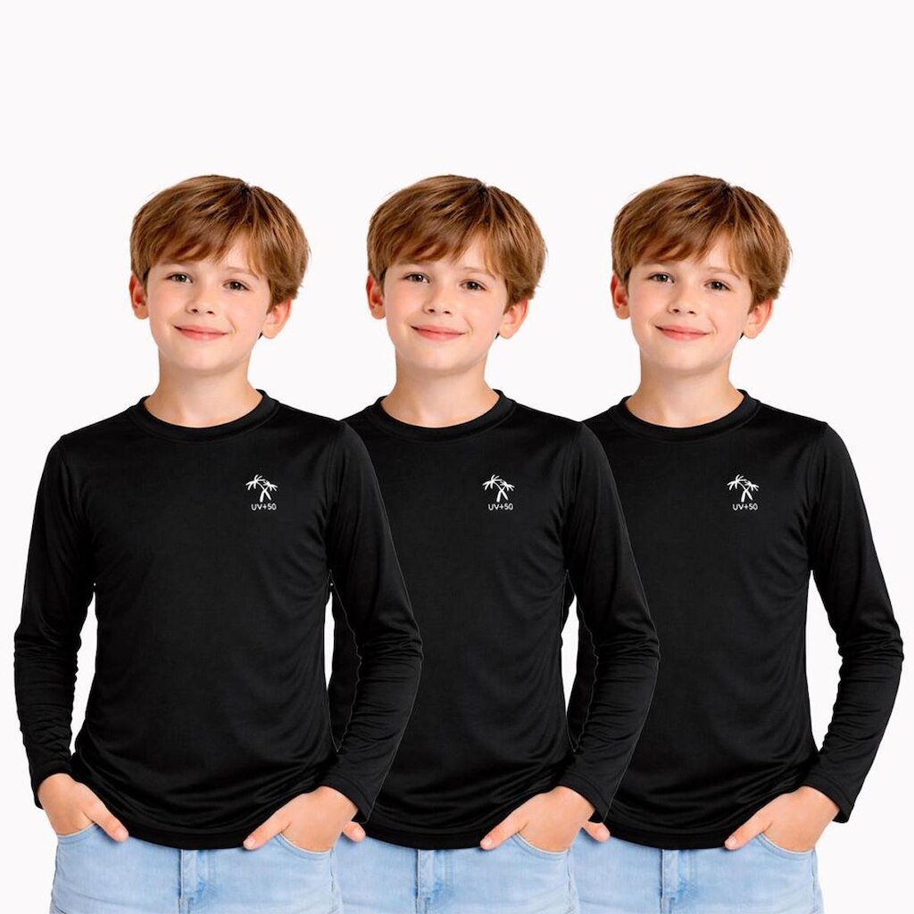 Kit 3 Camisetas Manga Longa Infantil Menino Proteção Solar UV 50 Poliamida
