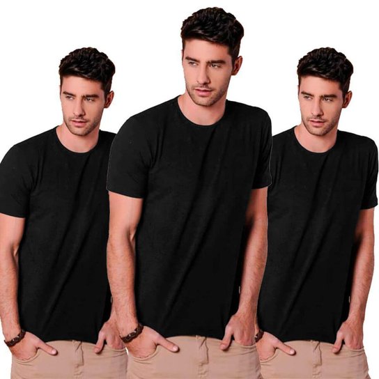 Kit 3 Camisetas Masculina Básica Premium - Preto Menor preço em Kit 3 Camisetas Masculina Básica Premium - Preto