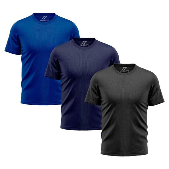 Kit 3 Camisetas Masculina Dry Manga Curta Treino Academia Caminhada Camisa Blusa Esporte Bike - Preto+Azul Menor preço em Kit 3 Camisetas Masculina Dry Manga Curta Treino Academia Caminhada Camisa Blusa Esporte Bike - Preto+Azul