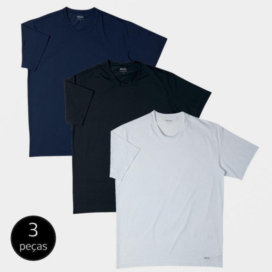 Kit 3 Camisetas Mash Lisa em Poliamida Masculina - Branco+Preto Menor preço em Kit 3 Camisetas Mash Lisa em Poliamida Masculina - Branco+Preto