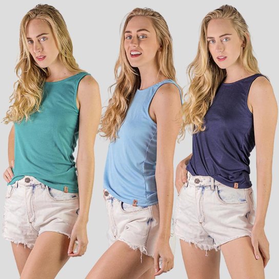 Kit 3 Camisetas Regatas Feminina Lisa Moda Estilo Casual - Verde+Azul Menor preço em Kit 3 Camisetas Regatas Feminina Lisa Moda Estilo Casual - Verde+Azul