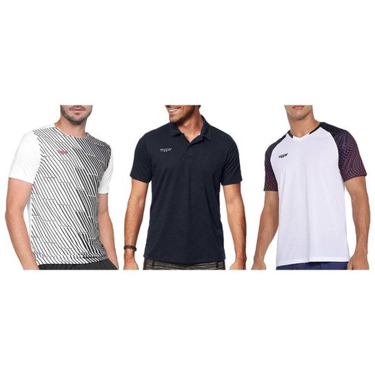Kit 3 Camisetas Topper Masculino - Branco+Marinho Menor preço em Kit 3 Camisetas Topper Masculino - Branco+Marinho