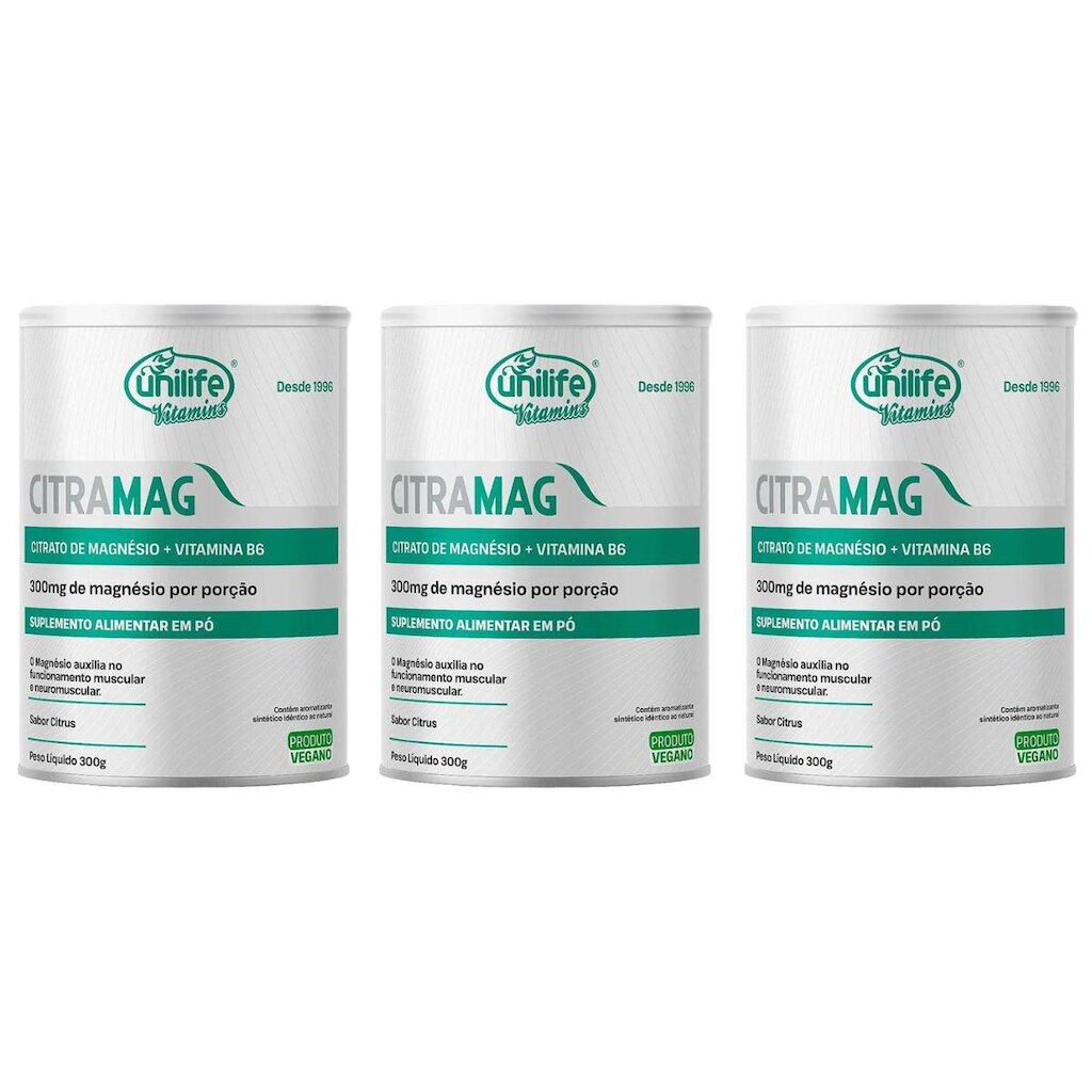 Kit 3 Citrato De Magnésio + Vitamina B6 Citramag 3x300g Sabor Citrus Unilife