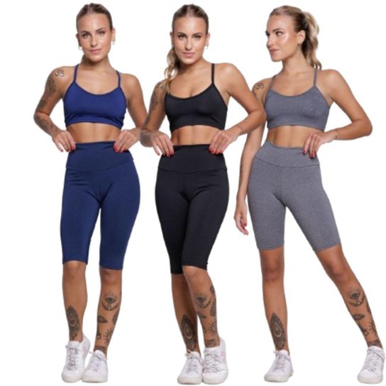 KIT 3 Conjunto Bermuda Ciclista E Top Alça Fina Bella Fiore Roupa Para Academia Moda Fitness