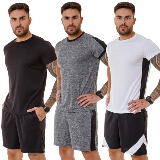 Kit 3 Conjunto Camiseta e Shorts Dry Slim Fitness - Branco+Cinza Menor preço em Kit 3 Conjunto Camiseta e Shorts Dry Slim Fitness - Branco+Cinza