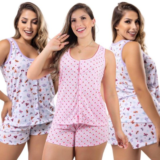Kit 3 Conjunto pijama regata roupa feminina de dormir - Sortido Menor preço em Kit 3 Conjunto pijama regata roupa feminina de dormir - Sortido