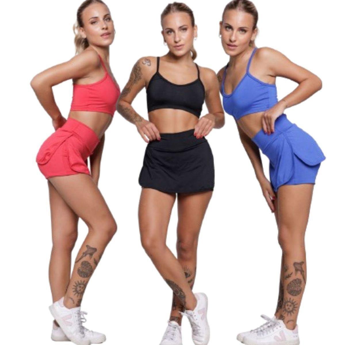KIT 3 Conjunto Top Alça Fina E Short Saia Bella Fiore Roupa Para Academia Treino Moda Fitness Menor preço em KIT 3 Conjunto Top Alça Fina E Short Saia Bella Fiore Roupa Para Academia Treino Moda Fitness