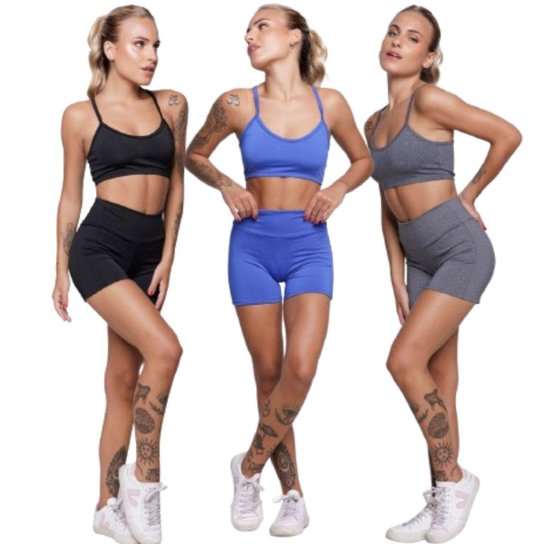 KIT 3 Conjunto Top Alça Fina Sem Bojo e Short Suplex Bella Fiore Treino Academia Moda Fitness