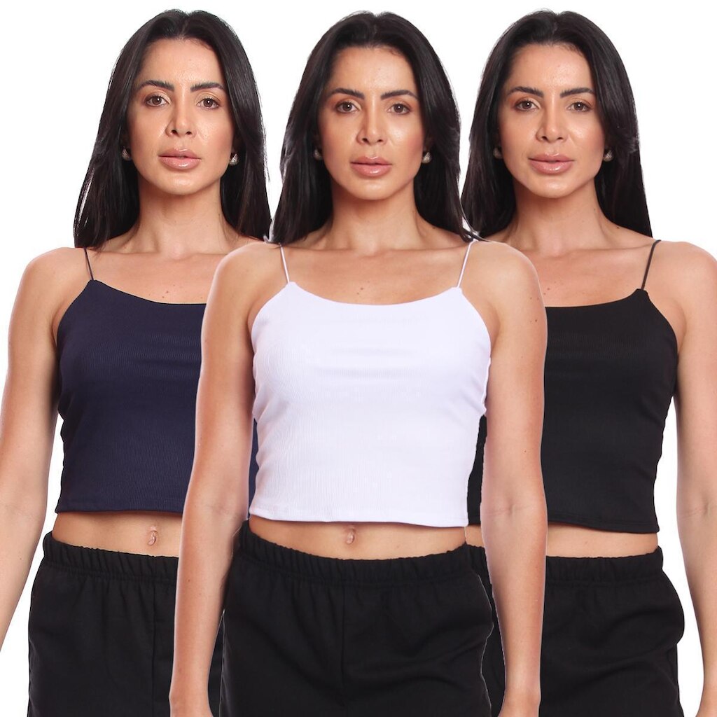 Kit 3 Cropped Alcinha Feminino Canelado Ribana Sem Bojo Básico Casual